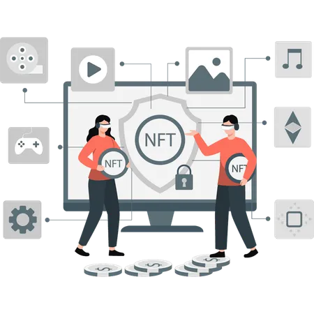 Boy and girl presenting crypto NFT  Illustration