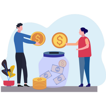 Boy And Girl Putting Donation In Jar  Illustration
