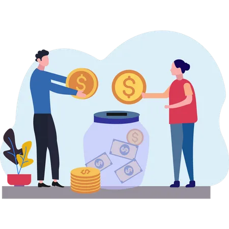 Boy And Girl Putting Donation In Jar  Illustration