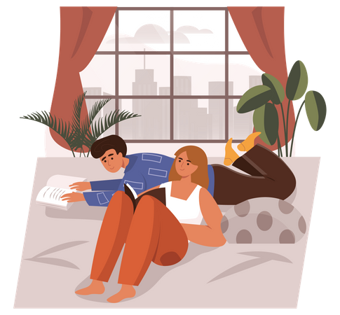 Boy and girl reading book  Illustration