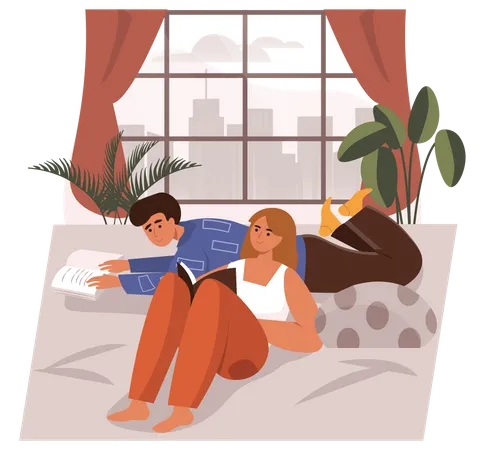 Boy and girl reading book  Illustration