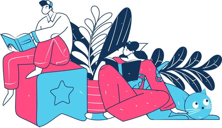 Boy and girl Reading Literature  Illustration