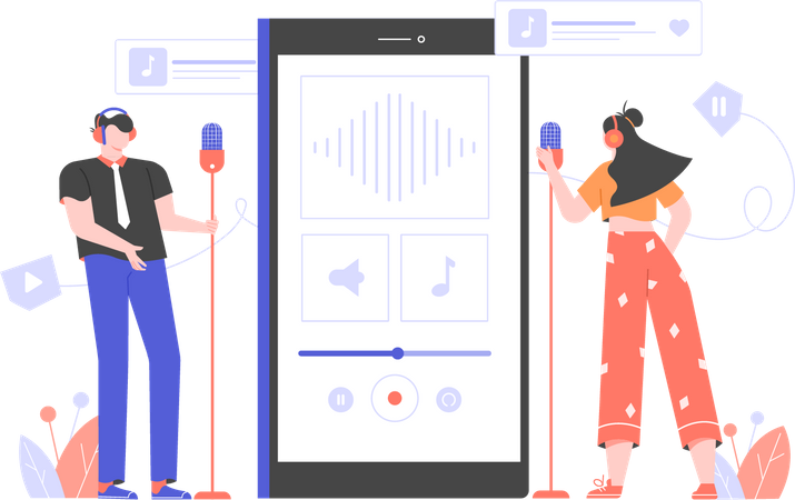 Boy and girl recording podcast using smartphone application  Illustration