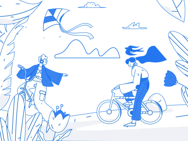 Boy and girl riding cycle in outside  Illustration