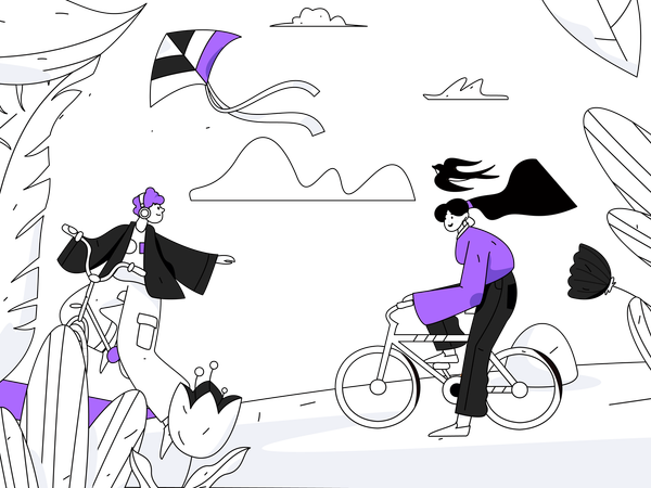 Boy and girl riding cycle in outside  Illustration