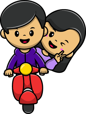 Boy And Girl Riding With A Scooter  Illustration