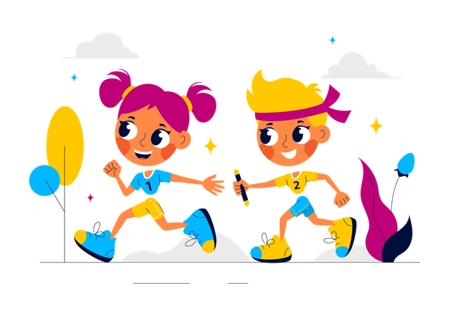 Boy and girl running in relay race  Illustration