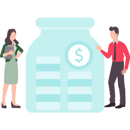 Boy and girl saving money in jar  Illustration