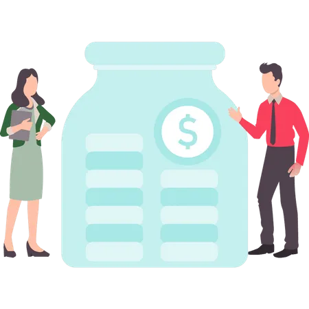 Boy and girl saving money in jar  Illustration