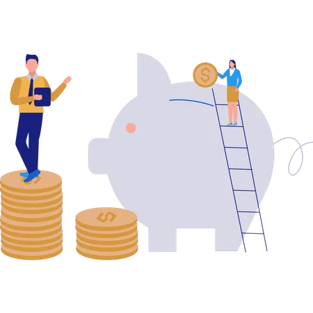 Boy And Girl Are Saving Money In Piggy Bank Illustration