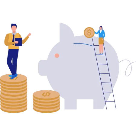 Boy And Girl Saving Money In Piggy Bank  Illustration