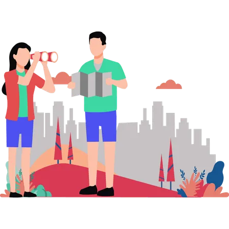 Boy and girl selecting travel location  Illustration