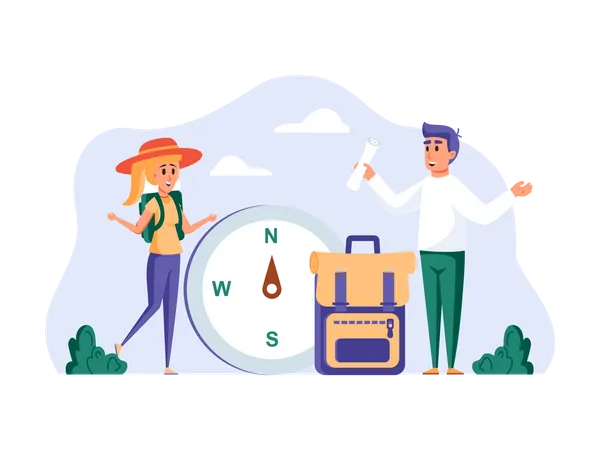 Boy and Girl selecting travel location  Illustration
