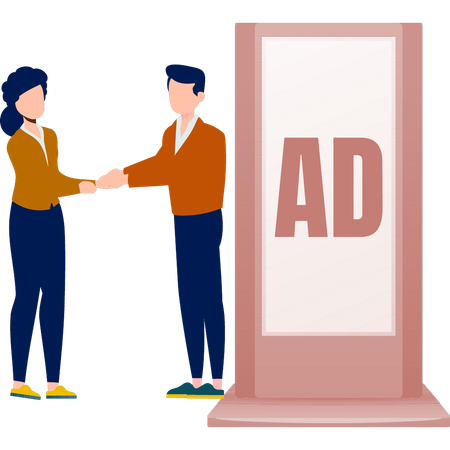 Boy and girl shaking hands and standing near billboard  Illustration