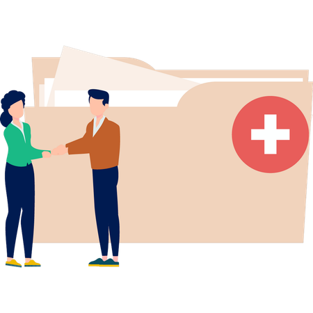 Boy and girl shaking hands during medical folder  Illustration