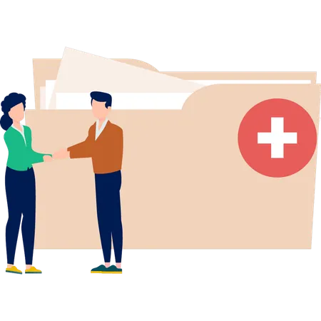 Boy and girl shaking hands during medical folder  Illustration