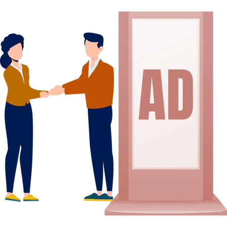 Boy and girl shaking hands and standing near billboard  Illustration