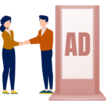 Boy and girl shaking hands and standing near billboard  Illustration