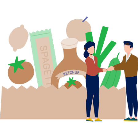 Boy and girl shaking hands standing near grocery product  Illustration