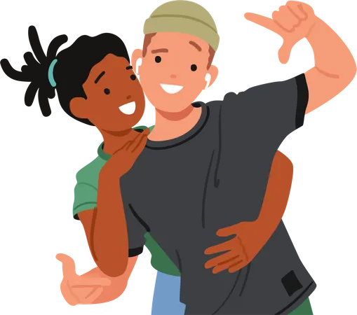 Innocent Embrace Boy And Girl Share Warm Hug Smiles Exchanged Friendship Blossoms In Tender Moment Of Genuine Connection Teen Male And Female Friend Characters Cartoon People Vector Illustration Illustration