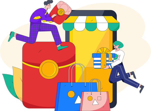 Boy and girl shopping online  Illustration