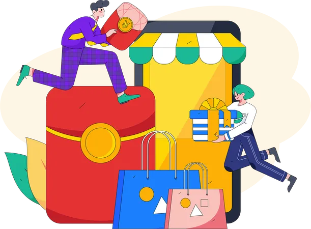 Boy and girl shopping online  Illustration