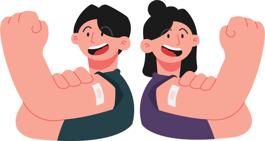 Boy and girl showing bandage on arm after vaccination  Illustration
