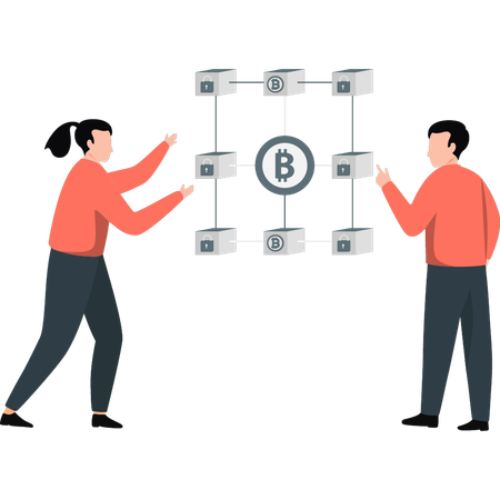 Boy and girl showing bitcoin network  Illustration