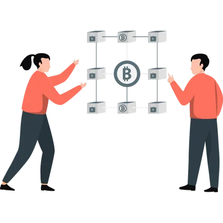 Boy and girl showing bitcoin network  Illustration