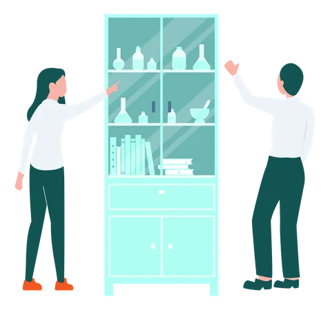 Boy And Girl Are Showing Different Test Tubes In Cabinet Illustration