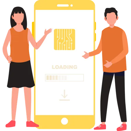 Boy and girl showing download on mobile  Illustration