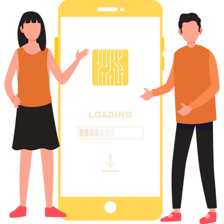Boy and girl showing download on mobile  Illustration