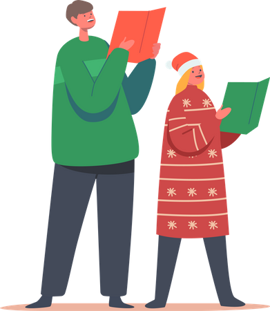 Boy and Girl Sing Carols with Books  Illustration