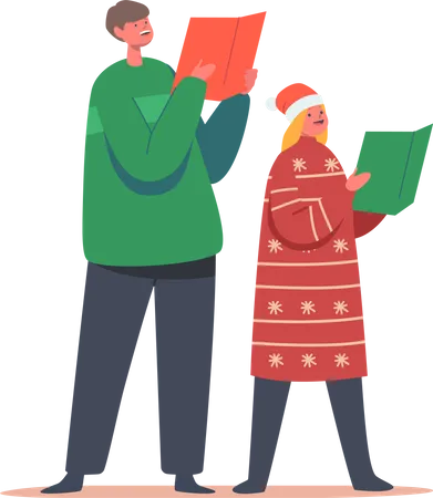 Boy and Girl Sing Carols with Books  Illustration