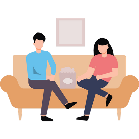 Boy and girl sitting on couch with popcorn  Illustration