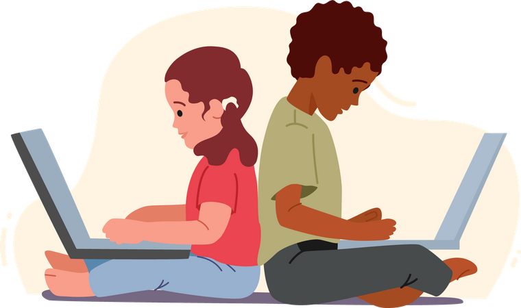 Boy and Girl Sitting with Laptops  Illustration