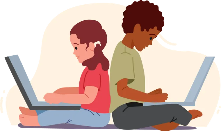 Boy and Girl Sitting with Laptops  Illustration