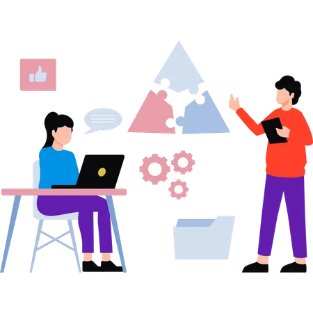 Boy and girl solving business puzzle  Illustration