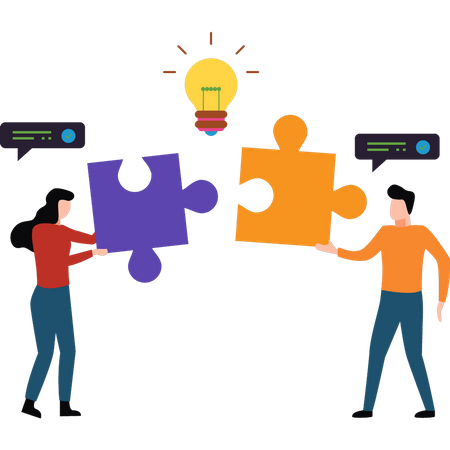 Boy and girl solving business puzzles  Illustration