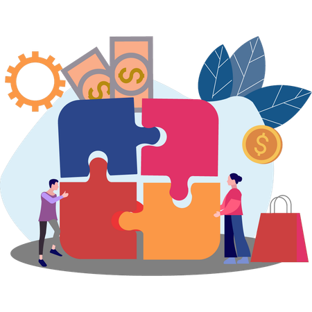 Boy and girl solving jigsaw puzzle  Illustration