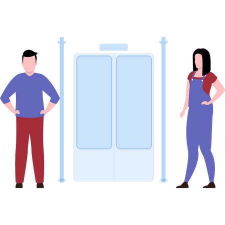 Boy and girl stand outside elevator Illustration
