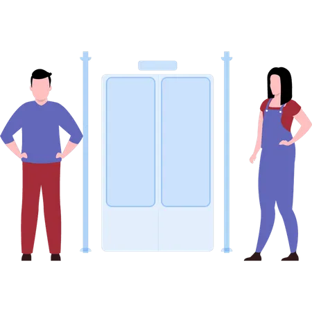 Boy and girl stand outside elevator Illustration