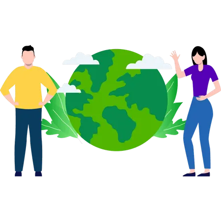 Boy and girl stand with a green world  Illustration