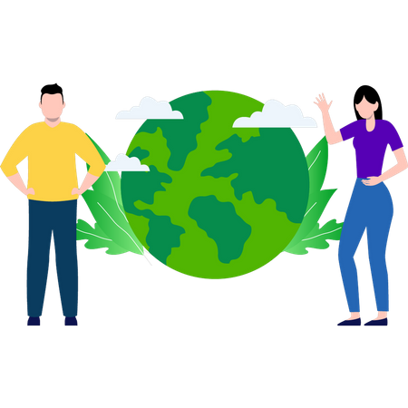 Boy and girl stand with a green world  Illustration