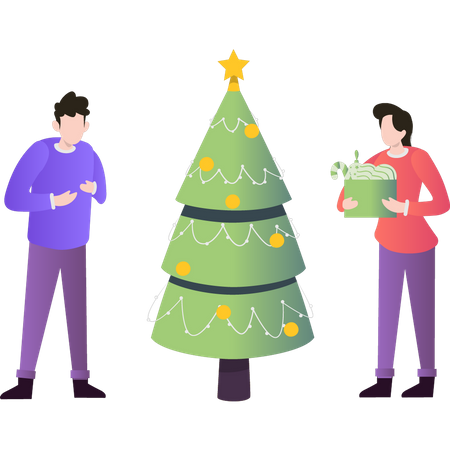 Boy and girl standing by Christmas tree  Illustration