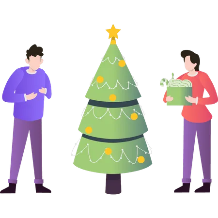 Boy and girl standing by Christmas tree  Illustration