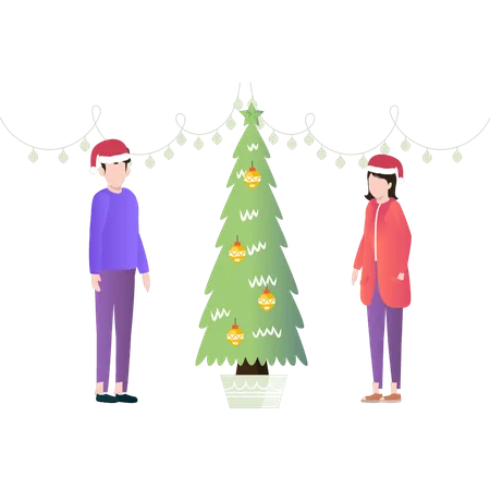 A Boy And A Girl Are Standing By A Christmas Tree Illustration
