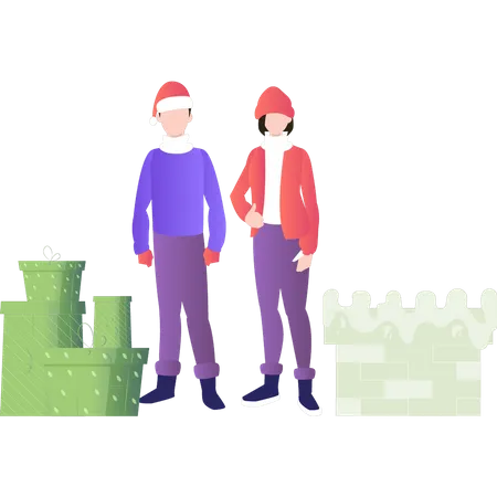 Boy and girl standing near Christmas presents  일러스트레이션