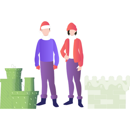 Boy and girl standing near Christmas presents  Illustration