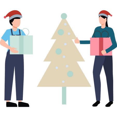 Boy and girl standing near Christmas tree with presents  일러스트레이션